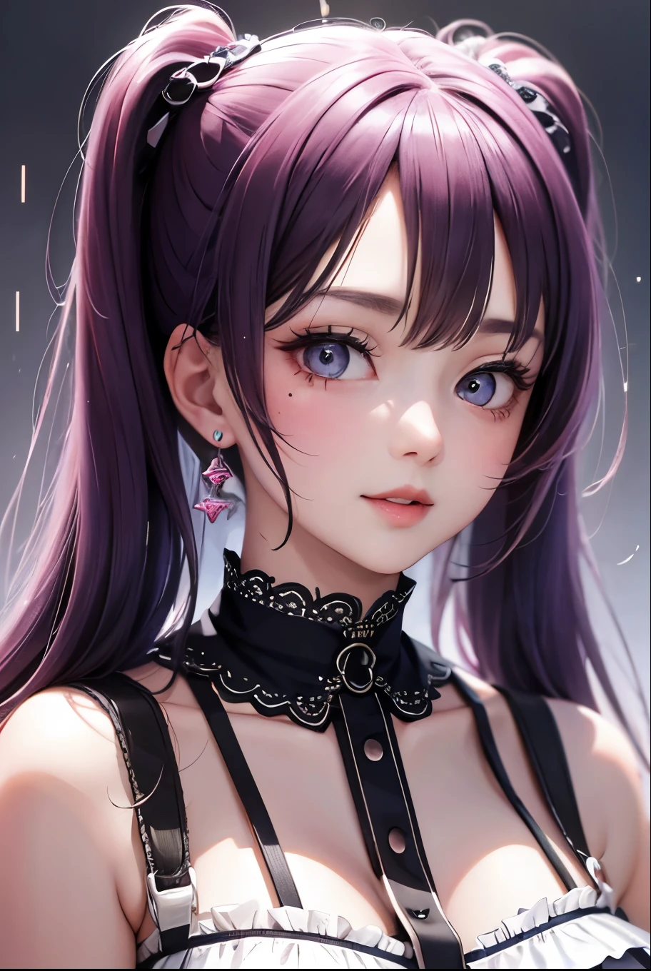 masterpiece, best quality, highly detailed, high resolution, expensive resolution, high resolution, 4k, 8k, uniform 8k wallpaper, highly detailed CG, masterpiece, 2d, 3d, beautiful details, depth, fine texture, best quality: 1.3, perfectly focused, sharp. skin, him, very cute anime girl, her name is Mei, short pigtails, idol, in the rain, expensive pink short pigtails, mole under eye, looking at the viewer, expensive, blush, mole, open lips, pink eyes, heart shaped choker, smiling face