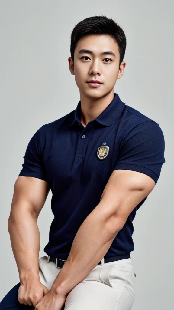 A male police officer in his 20s poses for a group photo....., Wear a navy blue polo shirt......................., high resolution, Masterpiece, best quality, head:1.3,((Hasselblad photos)), Smooth and fine skin, clear focus, (movie light), during the night, gentle light, Dynamic angle, [:(detailed face:1.2):0.2],(((exercise))), sport, His arm muscles were very big.........., hand in crotch.