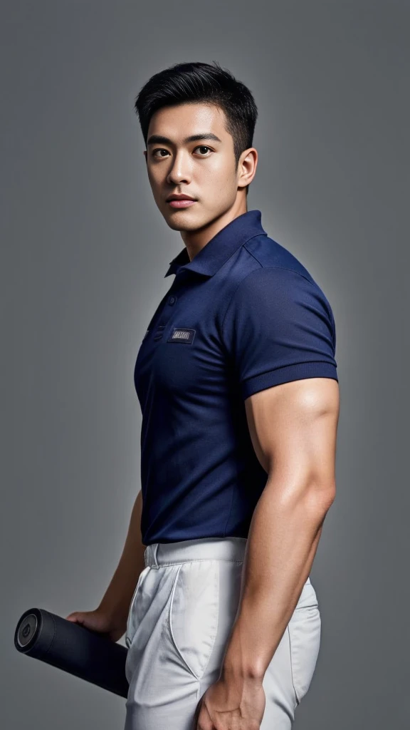 A male police officer in his 20s poses for a group photo....., Wear a navy blue polo shirt......................., high resolution, Masterpiece, best quality, head:1.3,((Hasselblad photos)), Smooth and fine skin, clear focus, (movie light), during the night, gentle light, Dynamic angle, [:(detailed face:1.2):0.2],(((exercise))), sport, His arm muscles were very big.........., hand in crotch.