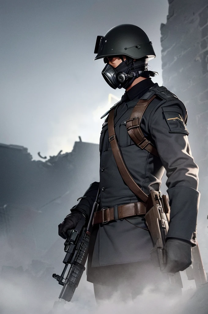 Imagine an imposing soldier, Standing on a desolate battlefield. He is dressed in a full military uniform, camouflaged, battle-worn. Its robust, well-fitting helmet completely covers your head, reflecting the dark ambient light. Below the helmet, a black gas mask with rounded, opaque lenses covers his face, giving him a mysterious and impenetrable air.
Mask straps are tight behind the head, leaving only the silhouette of his ears visible. The mask filter, large and cylindrical, is tilted to the left, casting a menacing shadow. The soldier holds a modern weapon, firmly and promptly, the veins on his strong, toned arms standing out beneath the sleeves of his uniform. Your shoulders are tense, as if he was prepared for any imminent action In the background, the scene is dominated by a scene of destruction: Ruined buildings, abandoned vehicles and a thick fog that obscures the horizon. the sky is cloudy, with heavy, dark clouds, revealing the imminence of a storm or the aftermath of an explosion. Shards of brilliant light penetrate through the fog, illuminating the soldier dramatically and further highlighting his commanding presence Additional details:
The uniform must have emblems or insignia that indicate The eyes behind the mask lenses can be reduced, conveying a sense of determination or focus Dust particles and debris in the air, illuminated by beams of light, should enhance the tense atmosphere and ca