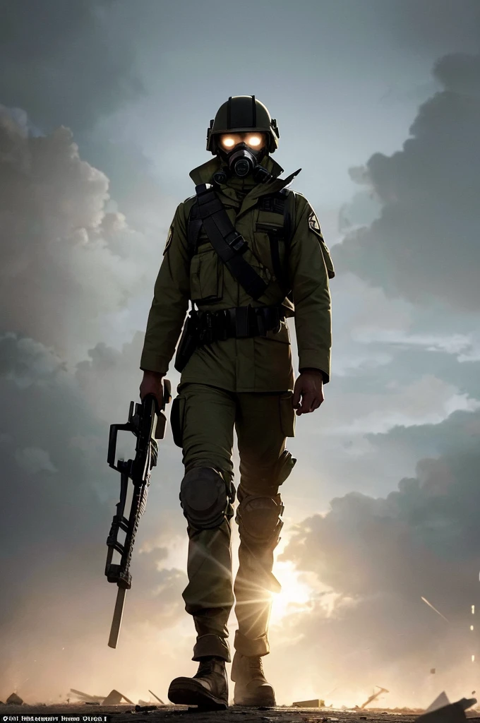 Imagine an imposing soldier, Standing on a desolate battlefield. He is dressed in a full military uniform, camouflaged, battle-worn. Its robust, well-fitting helmet completely covers your head, reflecting the dark ambient light. Below the helmet, a black gas mask with rounded, opaque lenses covers his face, giving him a mysterious and impenetrable air.

Mask straps are tight behind the head, leaving only the silhouette of his ears visible. The mask filter, large and cylindrical, is tilted to the left, casting a menacing shadow. The soldier holds a modern weapon, firmly and promptly, the veins on his strong, toned arms standing out beneath the sleeves of his uniform. Your shoulders are tense, as if he was prepared for any imminent action In the background, the scene is dominated by a scene of destruction: Ruined buildings, abandoned vehicles and a thick fog that obscures the horizon. the sky is cloudy, with heavy, dark clouds, revealing the imminence of a storm or the aftermath of an explosion. Shards of brilliant light penetrate through the fog, illuminating the soldier dramatically and further highlighting his commanding presence Additional details:

The uniform must have emblems or insignia that indicate The eyes behind the mask lenses can be reduced, conveying a sense of determination or focus Dust particles and debris in the air, illuminated by beams of light, should enhance the tense atmosphere and ca
