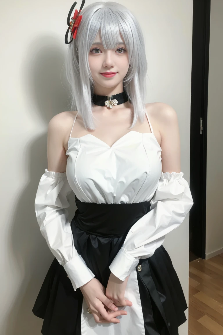 best quality, tmasterpiece,Ultra-high resolution,Clear face,(Reality:1.4),ferpect lighting, (upper body photo), (photorealistic:1.50), anime wallpaper, Guviz style artwork, cover-up fantasy up to magic , by Yang J, Guviz, beautiful artwork illustration, beautiful digital artwork, beautiful digital illustration, Li Song, beautiful anime portrait, art style in Beauvot, 1girl, indoors, soft lighting, absurdres, looking at the audience, 独奏, long hair, serafuku, official art, formal alternative costume, blunt bangs, hair bands, hair bands, red ribbons, sailor shirts, sailor collars, pleated skirts, petticoats, black ribbon, cate, Looking viwer, Bare shoulders, (hair ornament), Earring, jewelry, white hair, One eye is covered by hair, smile,