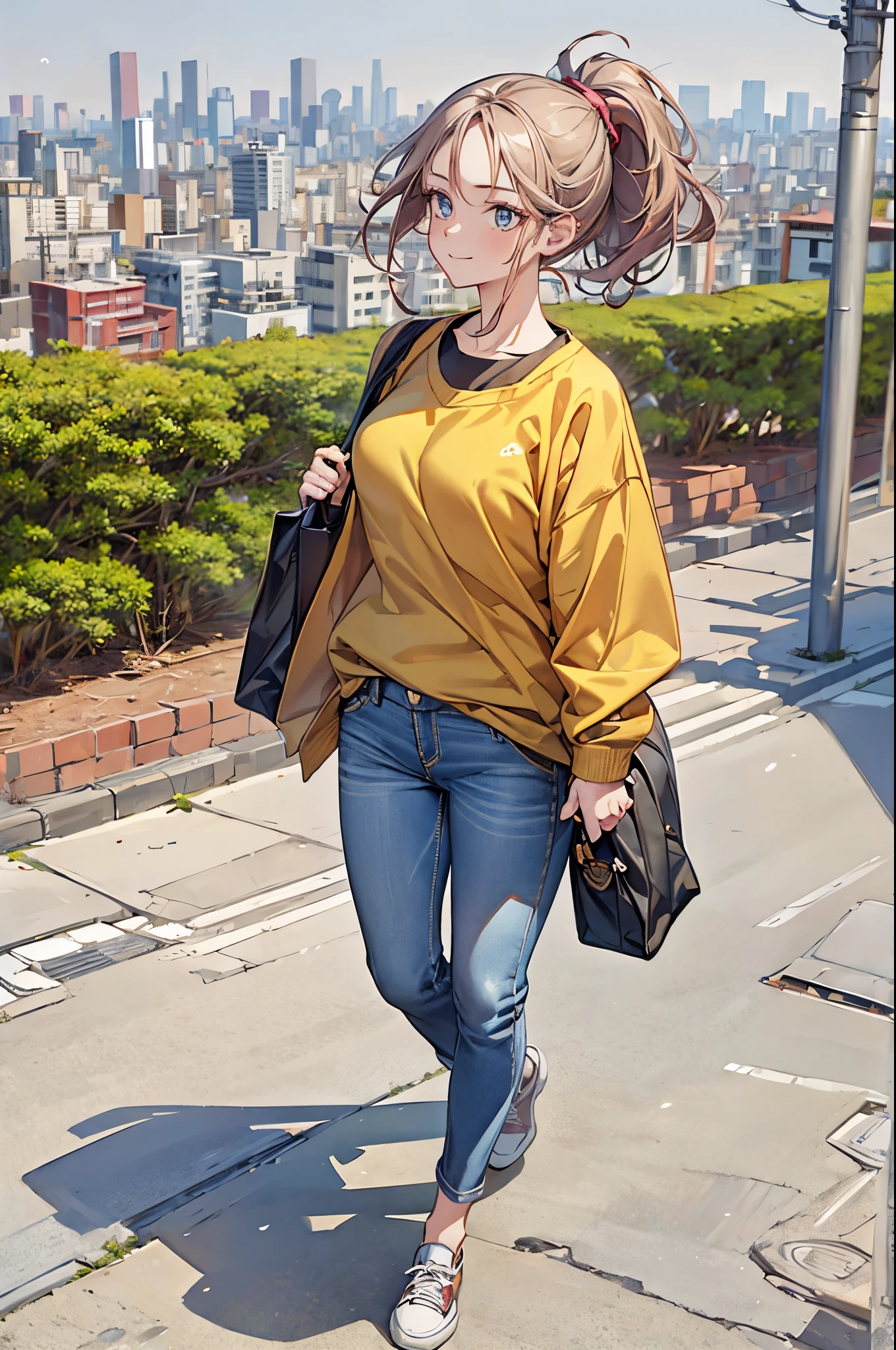 (masterpiece), (high resolution 8K), professional illustration, 1 girl, late teenage, walking, full body, bird's eye view, sweatshirt, jeans, , ponytail, smile, looking away, cityscape in Tokyo, morning, in summer, natural lighting, stunning face, detailed eyes and face,carry a bag

