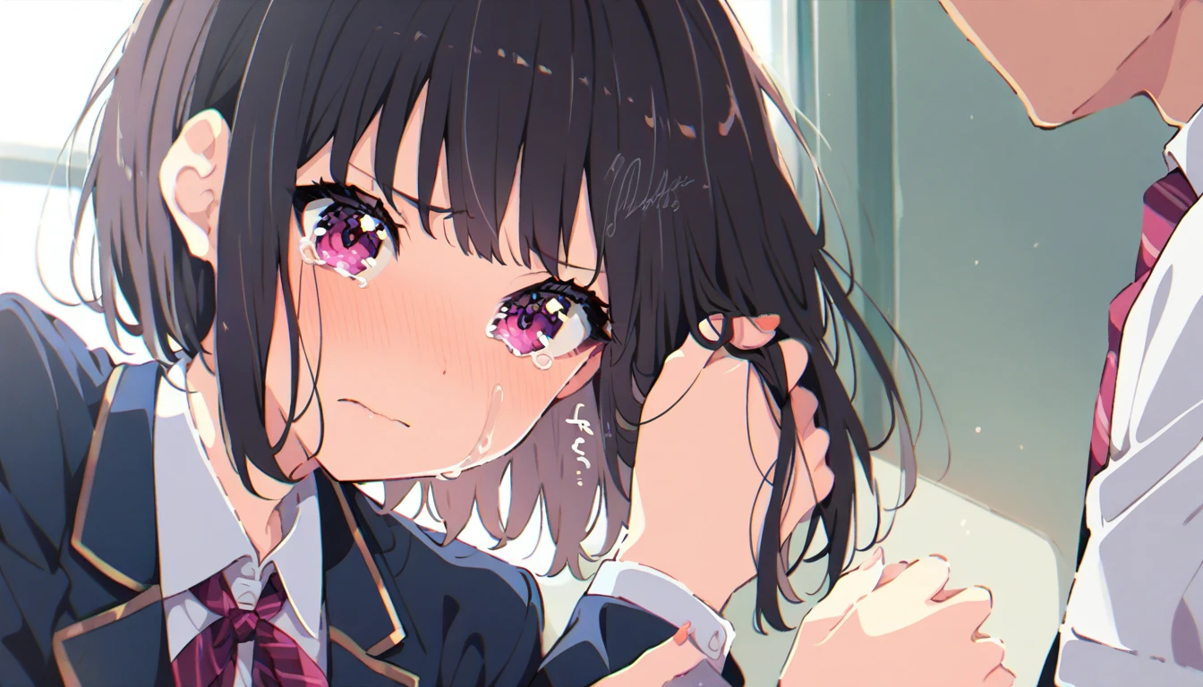 A girl in a blazer and uniform with black bob hair is crying and standing holding on to the handrail of a train、A middle-aged man smelling the crotch of a girl in a navy blue checked skirt