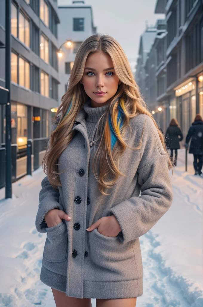 professional portrait photograph of a gorgeous Norwegian girl in winter clothing with long wavy blonde hair, sultry flirty look, gorgeous symmetrical face, cute natural makeup, wearing elegant warm winter fashion clothing, ((standing outside in snowy city street)), stunning modern urban environment, ultra realistic, concept art, elegant, highly detailed, intricate, sharp focus, depth of field, f/1. 8, 85mm, medium shot, mid shot, (((professionally color graded))), bright soft diffused light, (volumetric fog), trending on instagram, hdr 4k, 8k