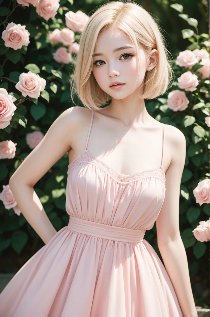 8K, CRU photo, Fujifilm, style photo of a beautiful young woman like Avril in a light pink rose garden (highly detailed skin: 1.2) Style-Petal BREAK short hair, blonde hair with colored highlights, wearing a dress, film grain, 35mm, cute style