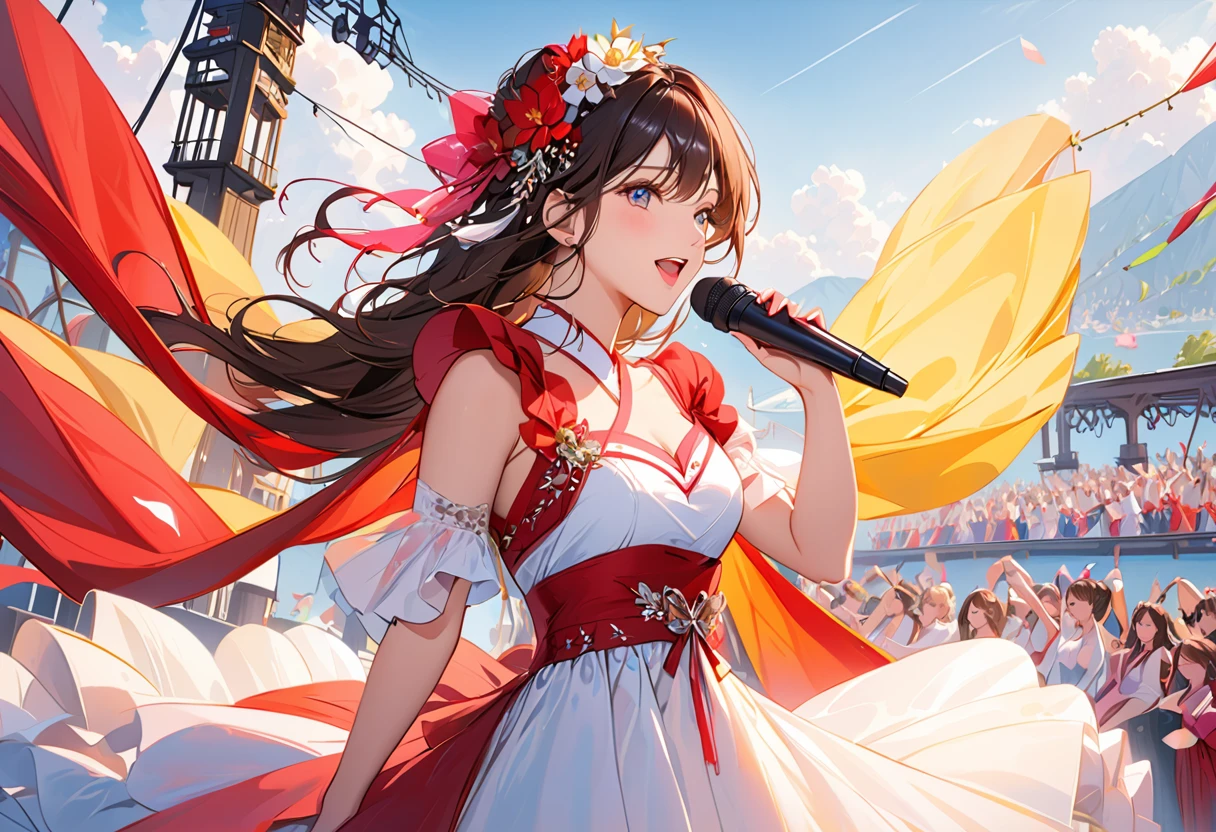 A extremely pretty and beautiful K-pop female diva, singing at live stage on gondola,
BREAK,
Close-up of face, singing scene, dress scene, looking the viewer,
BREAK,
Represent diva in bright colors, Represent diva dress in colorful colors, Represent diva's singing voice in warm colors