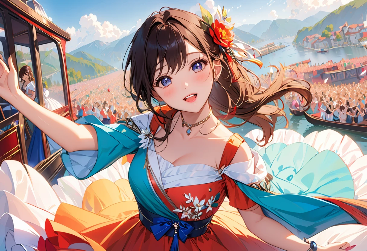 A extremely pretty and beautiful K-pop female diva, singing at live stage on gondola,
BREAK,
Close-up of face, singing scene, dress scene, looking the viewer,
BREAK,
Represent diva in bright colors, Represent diva dress in colorful colors, Represent diva's singing voice in warm colors