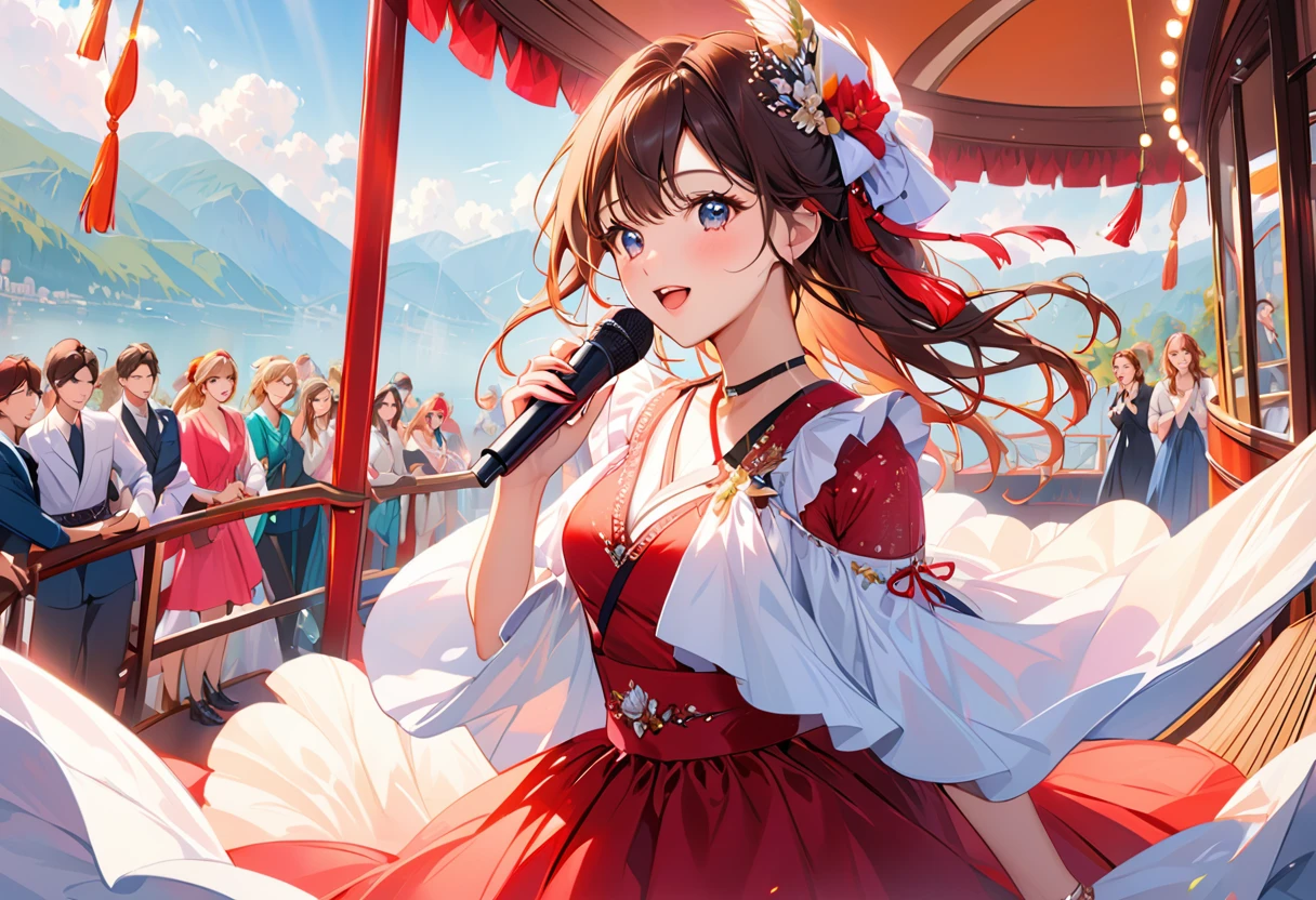A extremely pretty and beautiful K-pop female diva, singing at live stage on gondola, 
BREAK,
Close-up of face, singing scene, dress scene, looking the viewer, 
BREAK,
Represent diva in bright colors, Represent diva dress in colorful colors, Represent diva's singing voice in warm colors