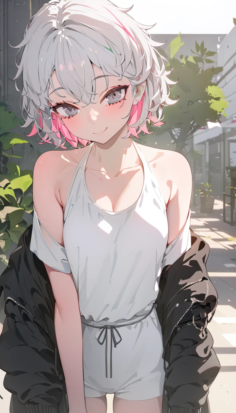 masterpiece, high detail, high resolution, RTX, 8K, high quality,
1girl, multicolored hair, white hair, pink hair, gray eyes, gray skin, short hair, messy hair, outfit black, smile, 
 