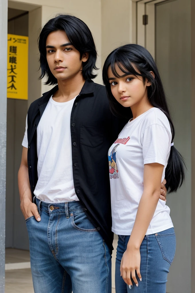 Make an anime picture of a boy and a girl with the boy's clothes saying October and the girl's clothes saying May
