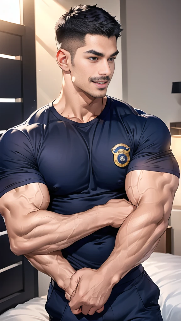 (handsome Man),(Thin mustache:1.1),(crew cut short hair:1.5),black eye,
(navy blue tight-fitting round neck short sleeve T-shirt:1.3),(Police badge:1.3),navy blue cargo pants,(navy_gloves:1,3),
Korean guy,chest muscles,large arm muscles,blood vessel,Big muscles,Broad shoulders,(open mouth:1.2),(face up:1.2),(open eyes:1.5),middle of the road,smile,(bedroom:1.4) 