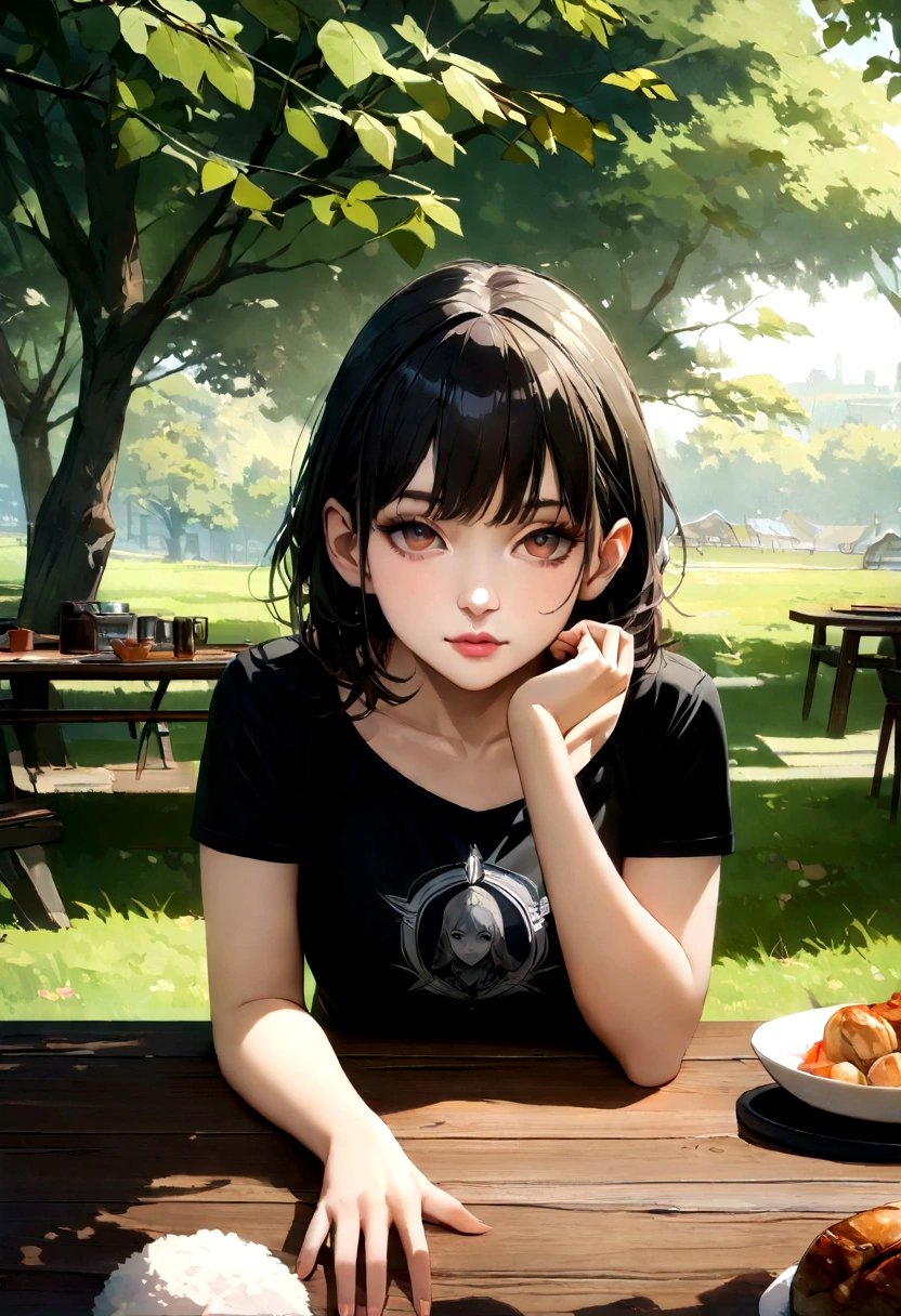 (Best Quality, Masterpiece: 1.2), Female, Portrait, Outdoors, (Best Quality, 8K Wallpaper, Table Top, Ultra HD: 1.3), Realistic, Woman in real life, Female about 25 years old, Japanese, face prettier than beautiful, 120cm breast, short hair, slim figure, fair skin, healthy, delicate lips, beautiful eyes, double eyelids,full body,neat,black T-shirt,metal T-shirt