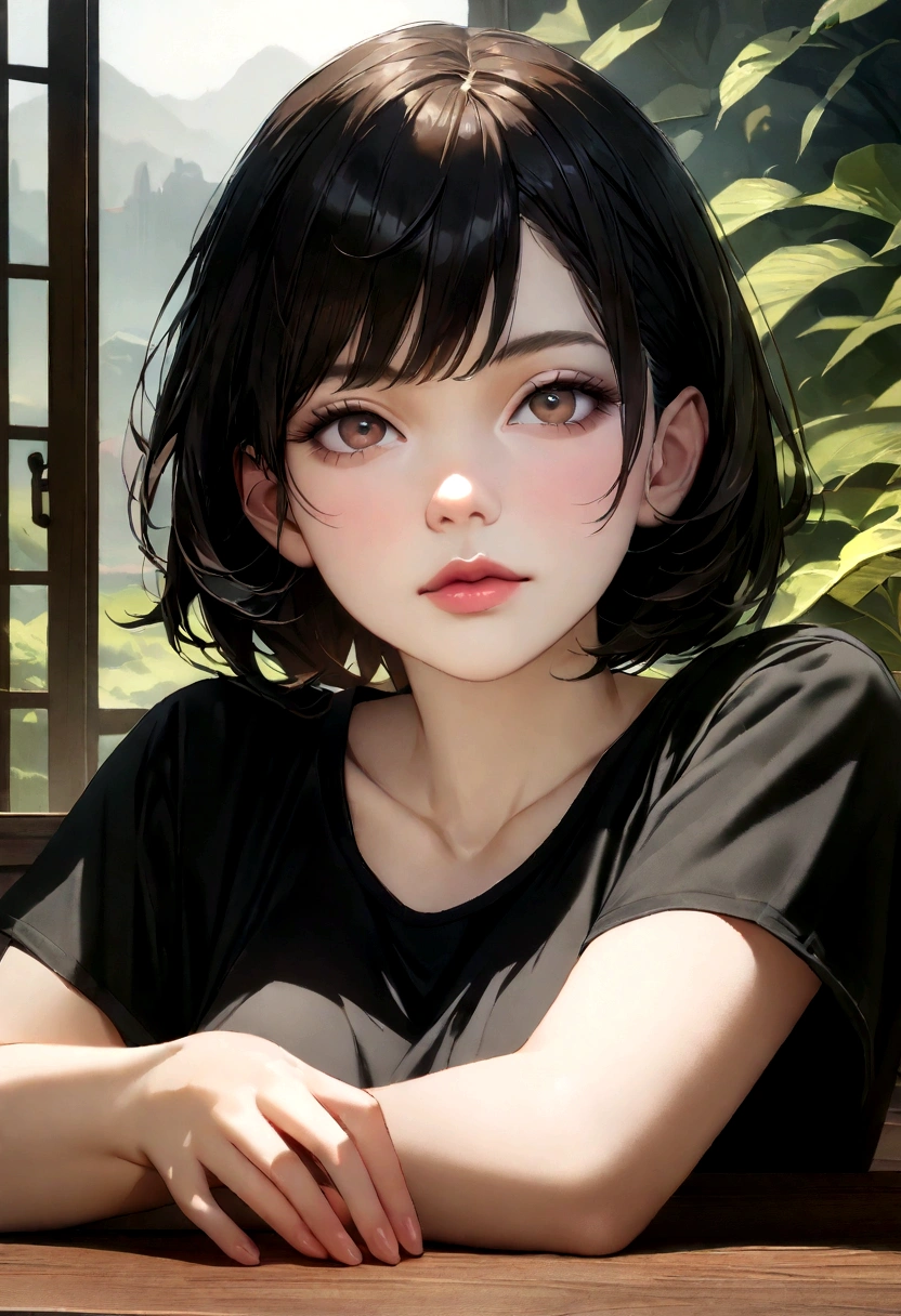 (Best Quality, Masterpiece: 1.2), Female, Portrait, Outdoors, (Best Quality, 8K Wallpaper, Table Top, Ultra HD: 1.3), Realistic, Woman in real life, Female about 25 years old, Japanese, face prettier than beautiful, 120cm breast, short hair, slim figure, fair skin, healthy, delicate lips, beautiful eyes, double eyelids,full body,neat,black T-shirt,metal T-shirt