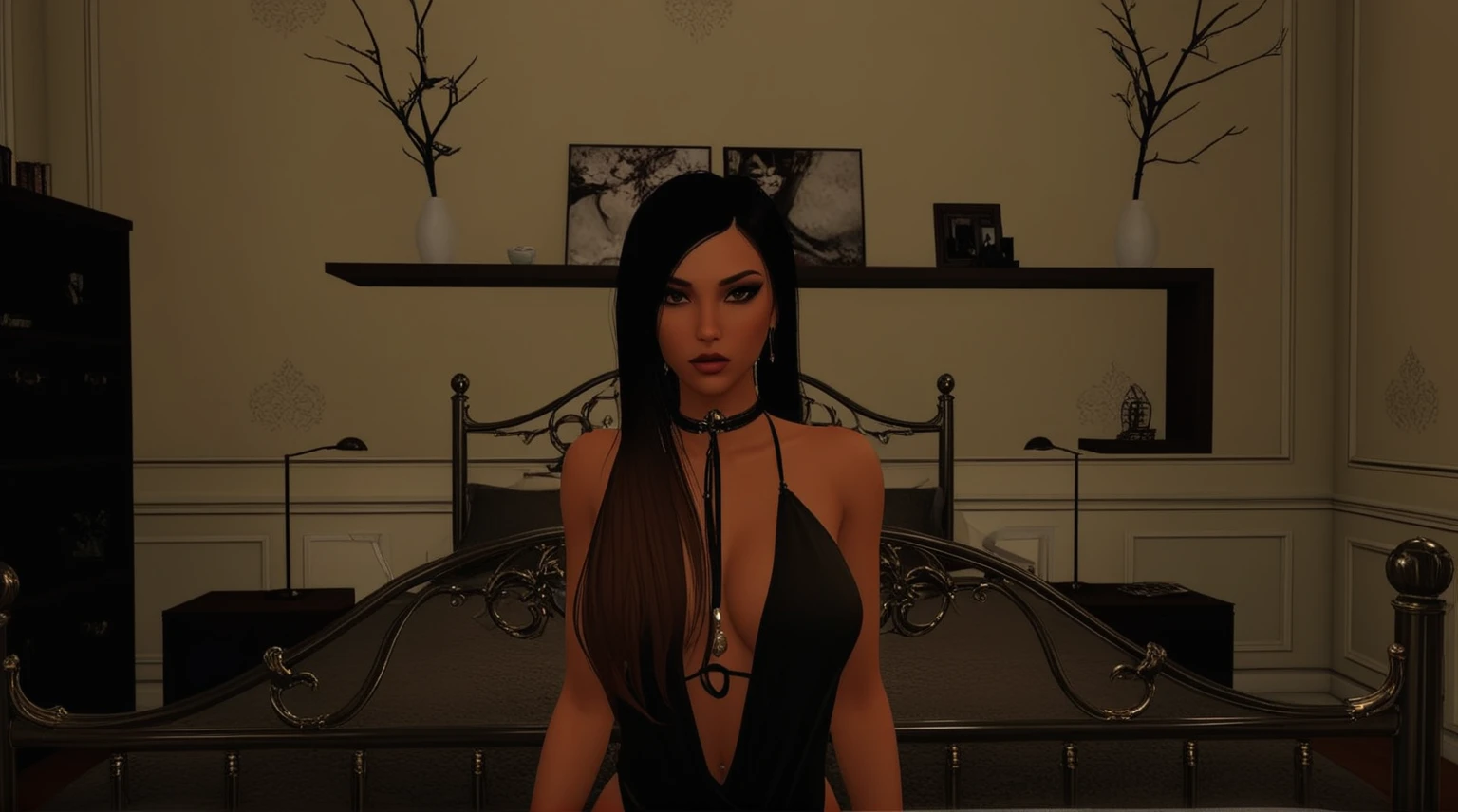 there is a woman in a black dress standing in a bedroom, posing in a bedroom, Second Life-Avatar, imvu, Bedroom Eyes, wears black collar, posing in bed, dominant pose, Full body shot at close range, in a bedroom, In my bedroom, seductive, fascinating woman, sensual, gloomy style, Full body closeup, finstere Pose