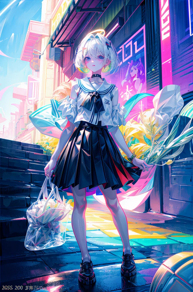 rainbows、Irridescent color、colourfull、top-quality、超A high resolution、(Photorealsitic:1.4)、Female 1 Person、Sleeveless white buttoned shirt、Black skirt、Black Choker、cute little、(Kpop Idle)、(attractiveness:1)、(Platinum Blonde Hair:1)、((Puffy eyes))、Look at the viewer、full body Esbian、Facing the front