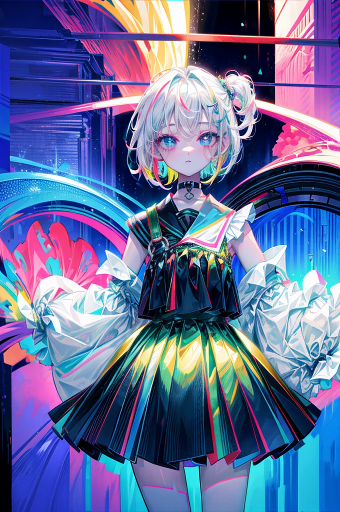 rainbows、Irridescent color、colourfull、top-quality、超A high resolution、(Photorealsitic:1.4)、Female 1 Person、Sleeveless white buttoned shirt、Black skirt、Black Choker、cute little、(Kpop Idle)、(attractiveness:1)、(Platinum Blonde Hair:1)、((Puffy eyes))、Look at the viewer、full body Esbian、Facing the front