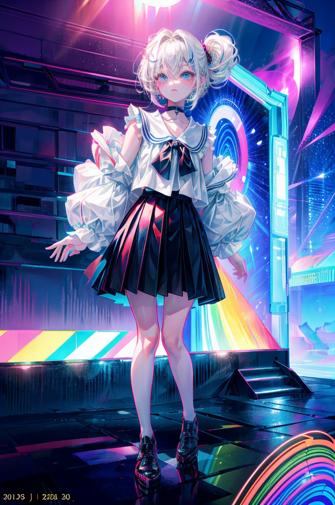 rainbows、Irridescent color、colourfull、top-quality、超A high resolution、(Photorealsitic:1.4)、Female 1 Person、Sleeveless white buttoned shirt、Black skirt、Black Choker、cute little、(Kpop Idle)、(attractiveness:1)、(Platinum Blonde Hair:1)、((Puffy eyes))、Look at the viewer、full body Esbian、Facing the front