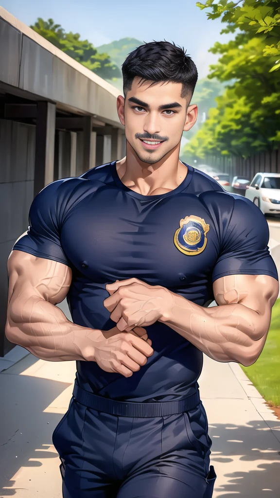 (handsome Man),(Thin mustache:1.1),(crew cut short hair:1.5),black eye,
(navy blue tight-fitting round neck short sleeve T-shirt:1.3),(Police badge:1.3),navy blue cargo pants,(navy_gloves:1,3),
Korean guy,chest muscles,large arm muscles,blood vessel,Big muscles,Broad shoulders,(open mouth:1.2),(face up:1.2),(open eyes:1.5),middle of the road,smile,(under town:1.4),