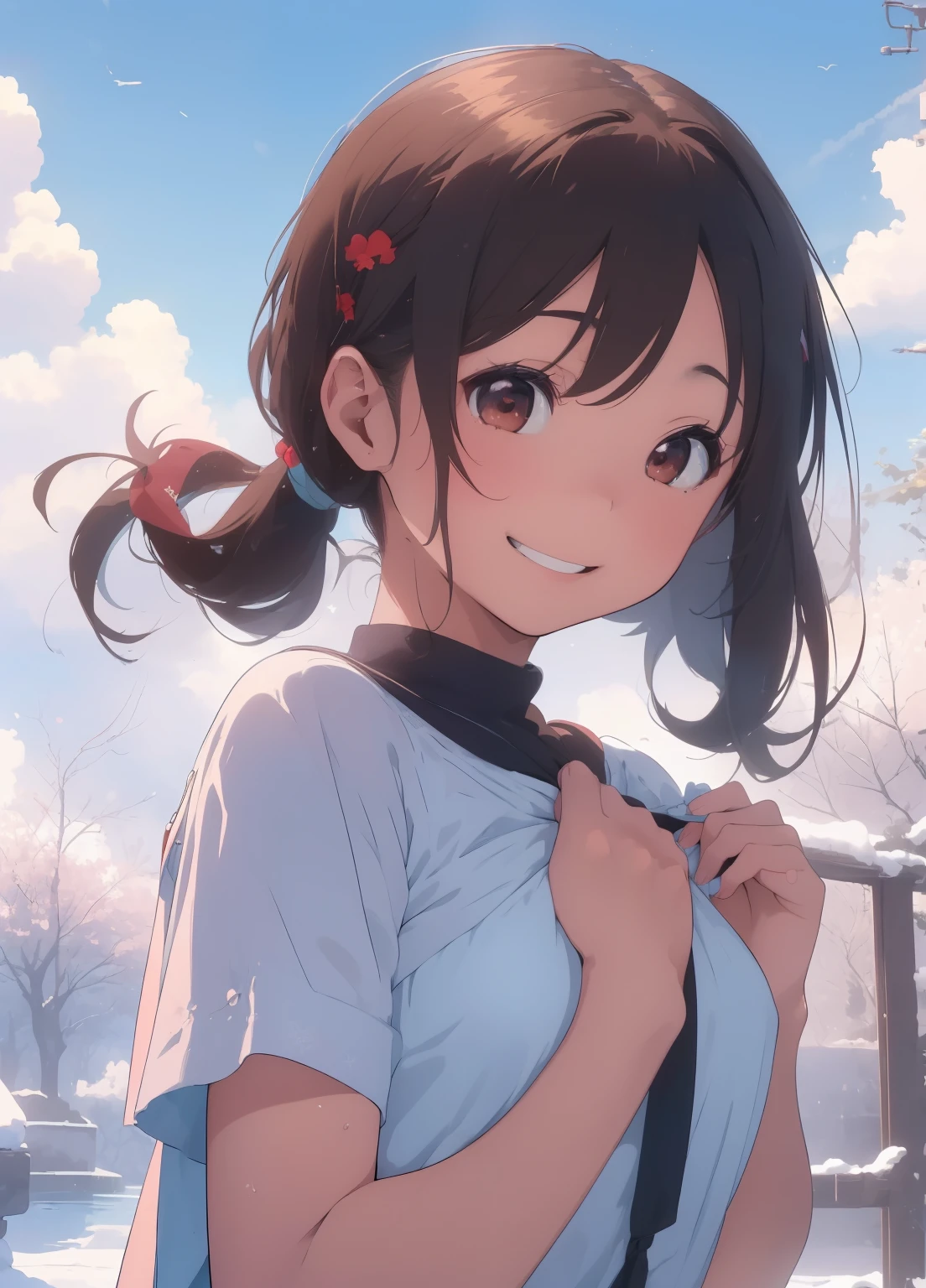 (masterpiece、最high quality、最high quality、Official Art、Beautiful and beautiful:1.2)、(One girl:1.3)Hatsune Miku、Twin tails,Beautiful breasts,score_9,score_8_superior,score_7_superior, young, (The beauty of one beautiful girl、Narrative、１８age、Brown eyes(High resolution eyes、Beautiful Eyes、Light in your eyes)、ssuperiorer high precision、high quality、最high quality、And soul、2D、Brown short hairskin、Smile、Red cheeks、Red-tailed warbler、In a mischievous fantasy、Beautiful small breasts)、Close-superior representation of a single person、Like the whole body、Outdoor Waterfront、
