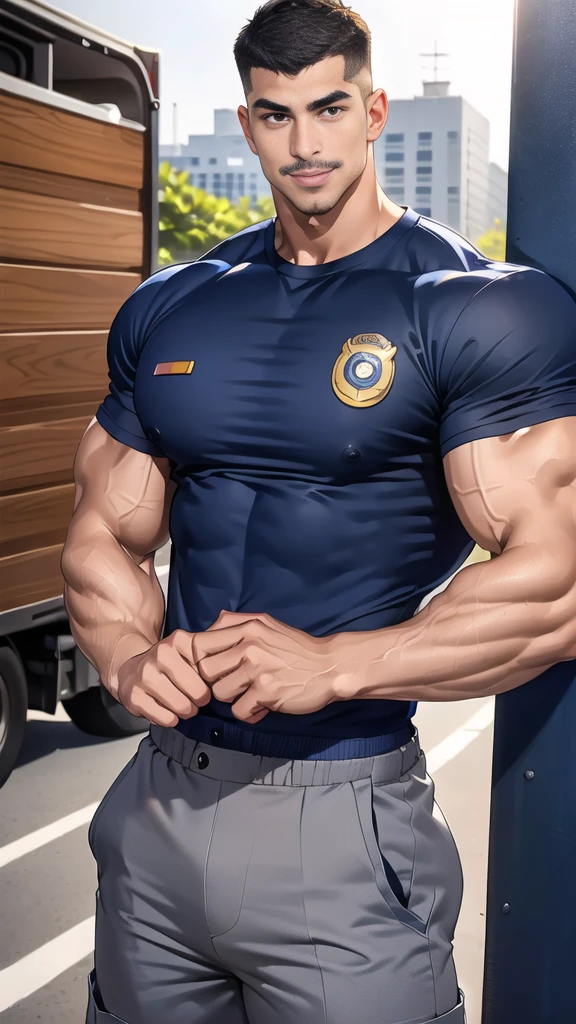 (handsome Man),(Thin mustache:1.1),(crew cut short hair:1.5),black eye, (navy blue tight-fitting round neck short sleeve T-shirt:1.3),(Police badge:1.3),navy blue cargo pants,(navy_gloves:1,3), Korean guy,chest muscles,large arm muscles,blood vessel,Big muscles,Broad shoulders,(open mouth:1.2),(face up:1.2),(open eyes:1.5),middle of the road,smile,(City town:1.4)