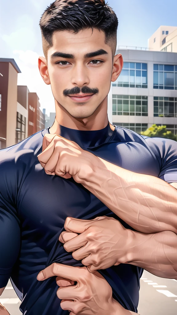 (handsome Man),(Thin mustache:1.1),(crew cut short hair:1.5),black eye, (navy blue tight-fitting round neck short sleeve T-shirt:1.3),(Police badge:1.3),navy blue cargo pants,(navy_gloves:1,3), Korean guy,chest muscles,large arm muscles,blood vessel,Big muscles,Broad shoulders,(open mouth:1.2),(face up:1.2),(open eyes:1.5),middle of the road,smile,(City town:1.4)