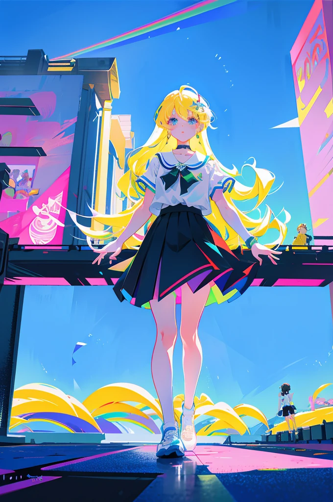 rainbows、Irridescent color、colourfull、top-quality、超A high resolution、(Photorealsitic:1.4)、Female 1 Person、Sleeveless white buttoned shirt、Black skirt、Black Choker、cute little、(Kpop Idle)、(attractiveness:1)、(Platinum Blonde Hair:1)、((Puffy eyes))、Look at the viewer、full body Esbian、Facing the front