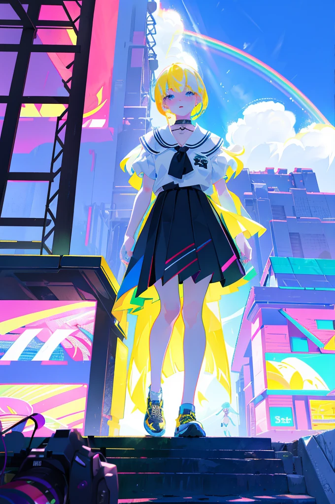 rainbows、Irridescent color、colourfull、top-quality、超A high resolution、(Photorealsitic:1.4)、Female 1 Person、Sleeveless white buttoned shirt、Black skirt、Black Choker、cute little、(Kpop Idle)、(attractiveness:1)、(Platinum Blonde Hair:1)、((Puffy eyes))、Look at the viewer、full body Esbian、Facing the front