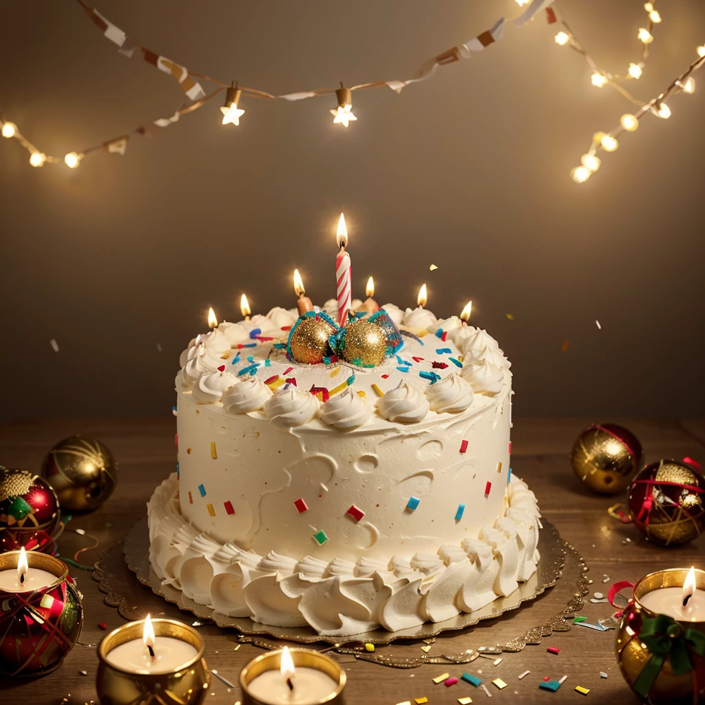 Close-up. Happy birthday !!! Birthday cake with candles, holiday balls, sparks, lights, confetti. Photorealistic, cinematic. In the style of an oil painting. Blurred background. Light haze.