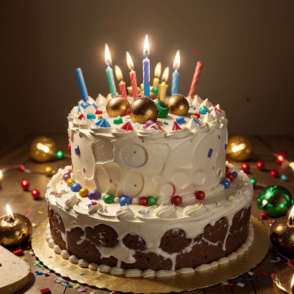 Close-up. Happy birthday !!! Birthday cake with candles, holiday balls, sparks, lights, confetti. Photorealistic, cinematic. In the style of an oil painting. Blurred background. Light haze.