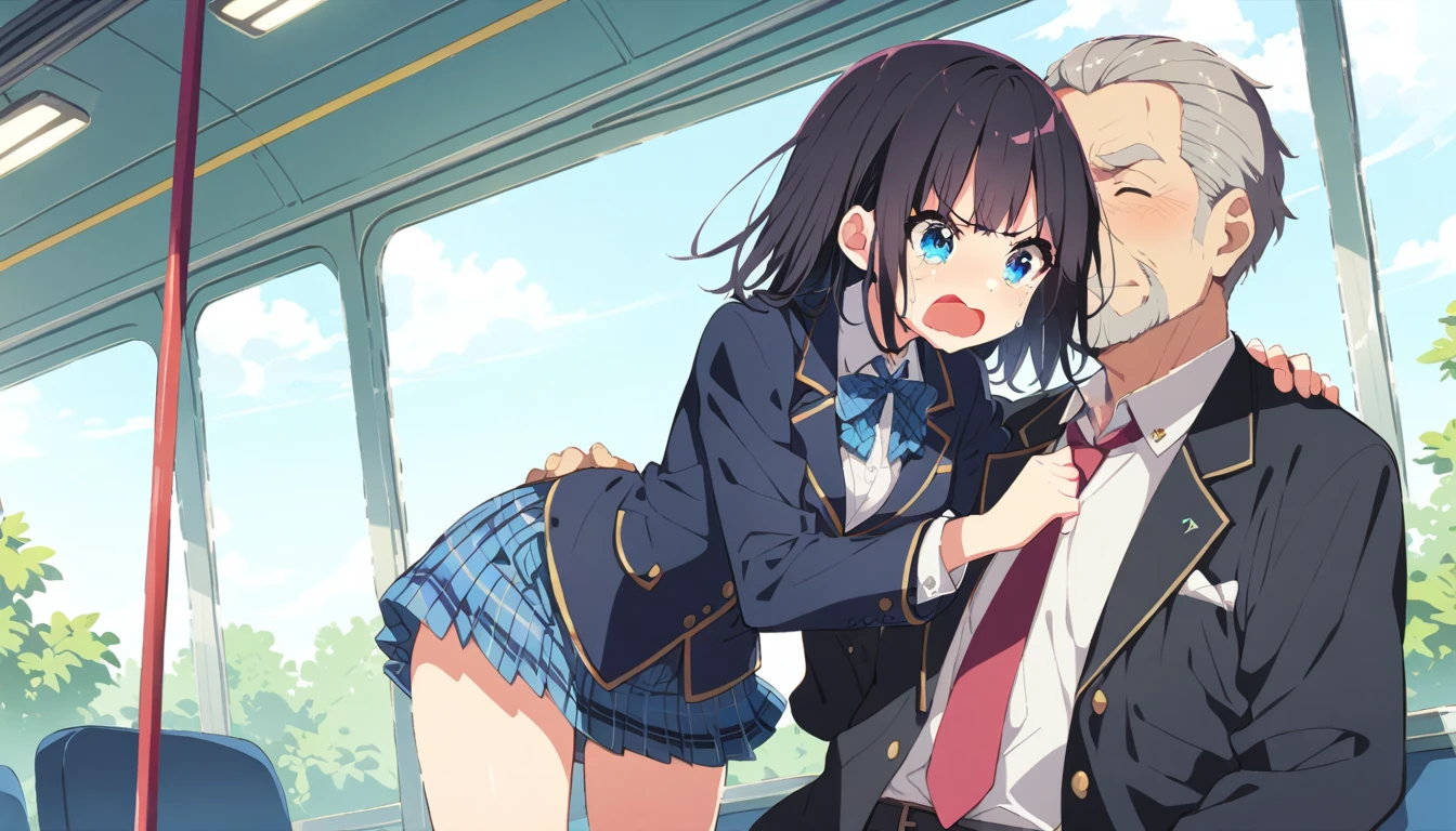 A middle-aged man with black bob hair and a blazer and uniform is standing holding onto the handrail of a train、He is rubbing the buttocks of a girl in a navy blue checked skirt.