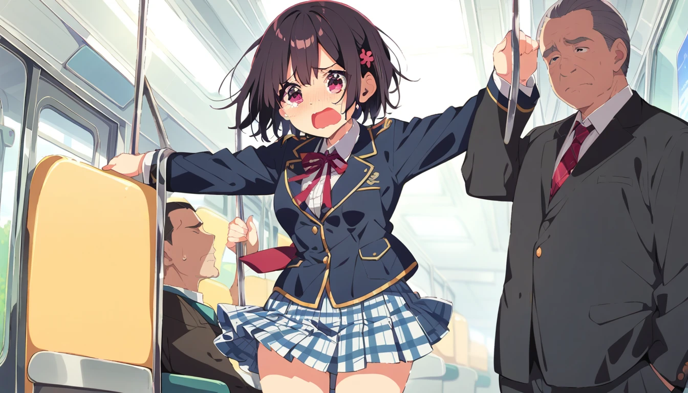 A girl with black bob hair standing and crying、Small breasts、Blazer uniform, blue checked skirt、A middle-aged man is lifting up her skirt on the train、whole body