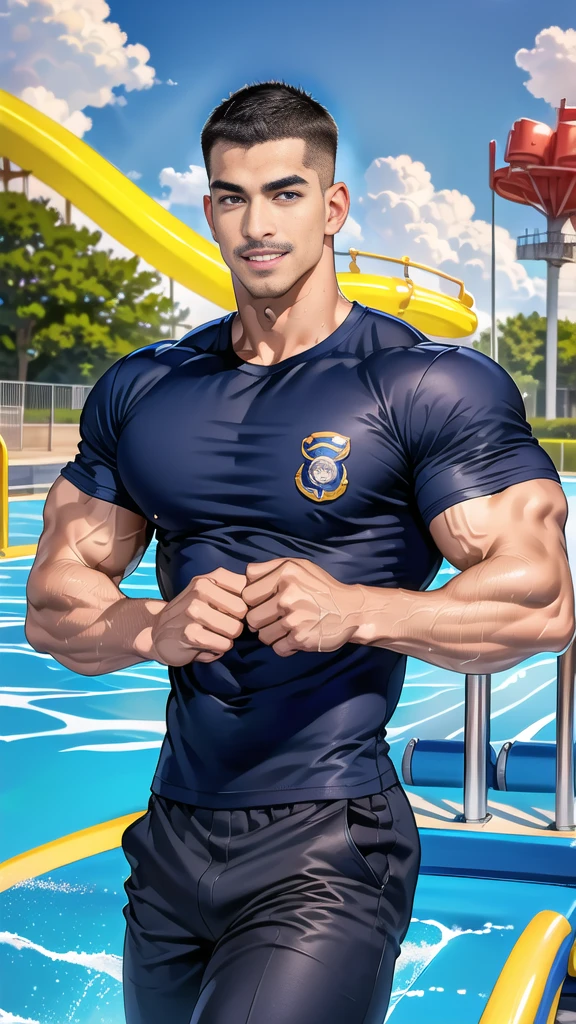 (handsome Man),(Thin mustache:1.1),(crew cut short hair:1.5),black eye,
(navy blue tight-fitting round neck short sleeve T-shirt:1.3),(Police badge:1.3),navy blue cargo pants,(navy_gloves:1,3),
Korean guy,chest muscles,large arm muscles,blood vessel,Big muscles,Broad shoulders,(open mouth:1.2),(face up:1.2),(open eyes:1.5),middle of the road,smile,(water park:1.4),