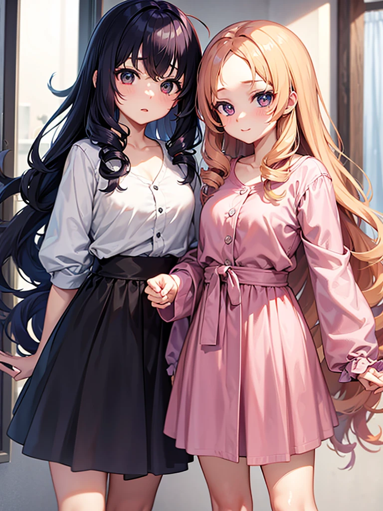 Anime girl curtain bangs curly on both side showing forehead
