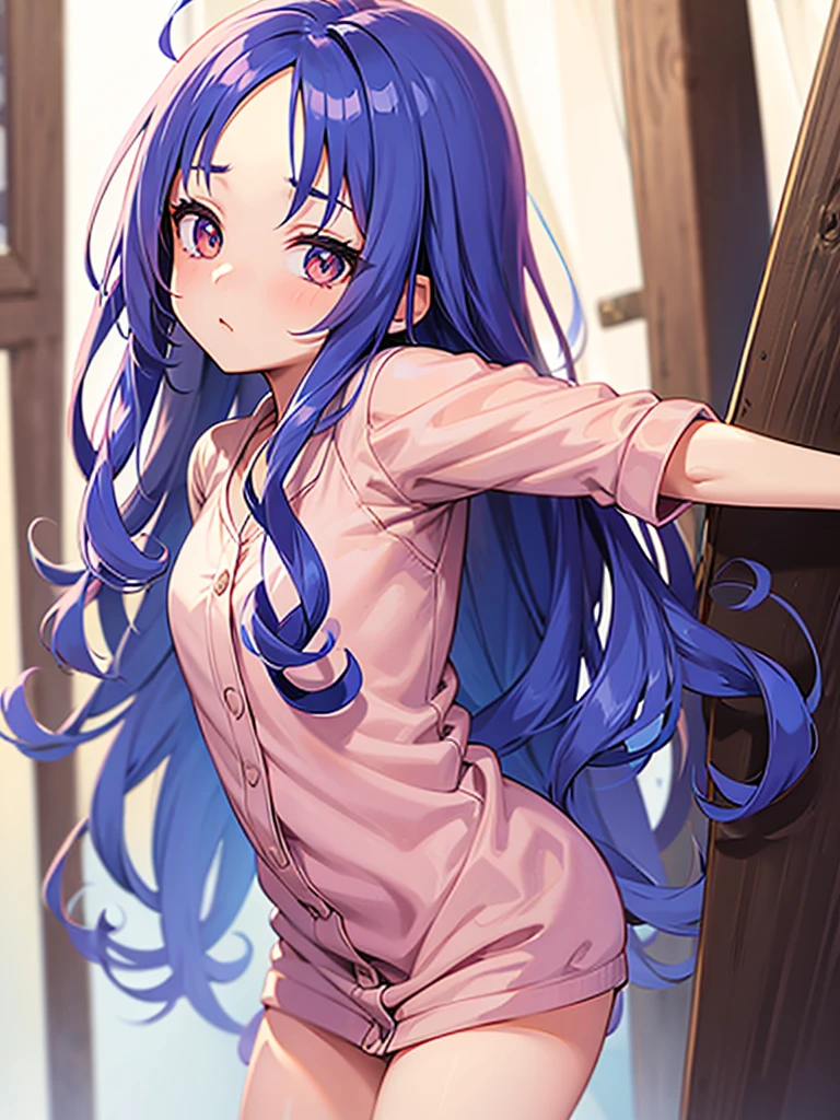 Anime girl curtain bangs curly on both side showing forehead