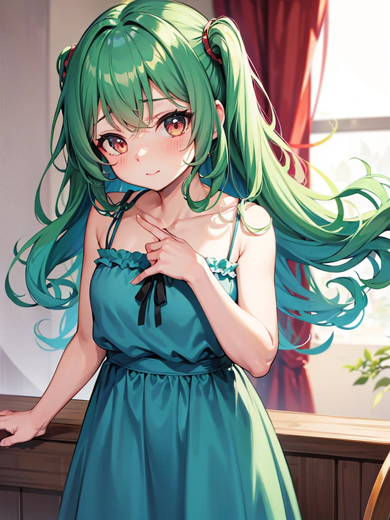 Anime girl curtain bangs curly on both side showing forehead