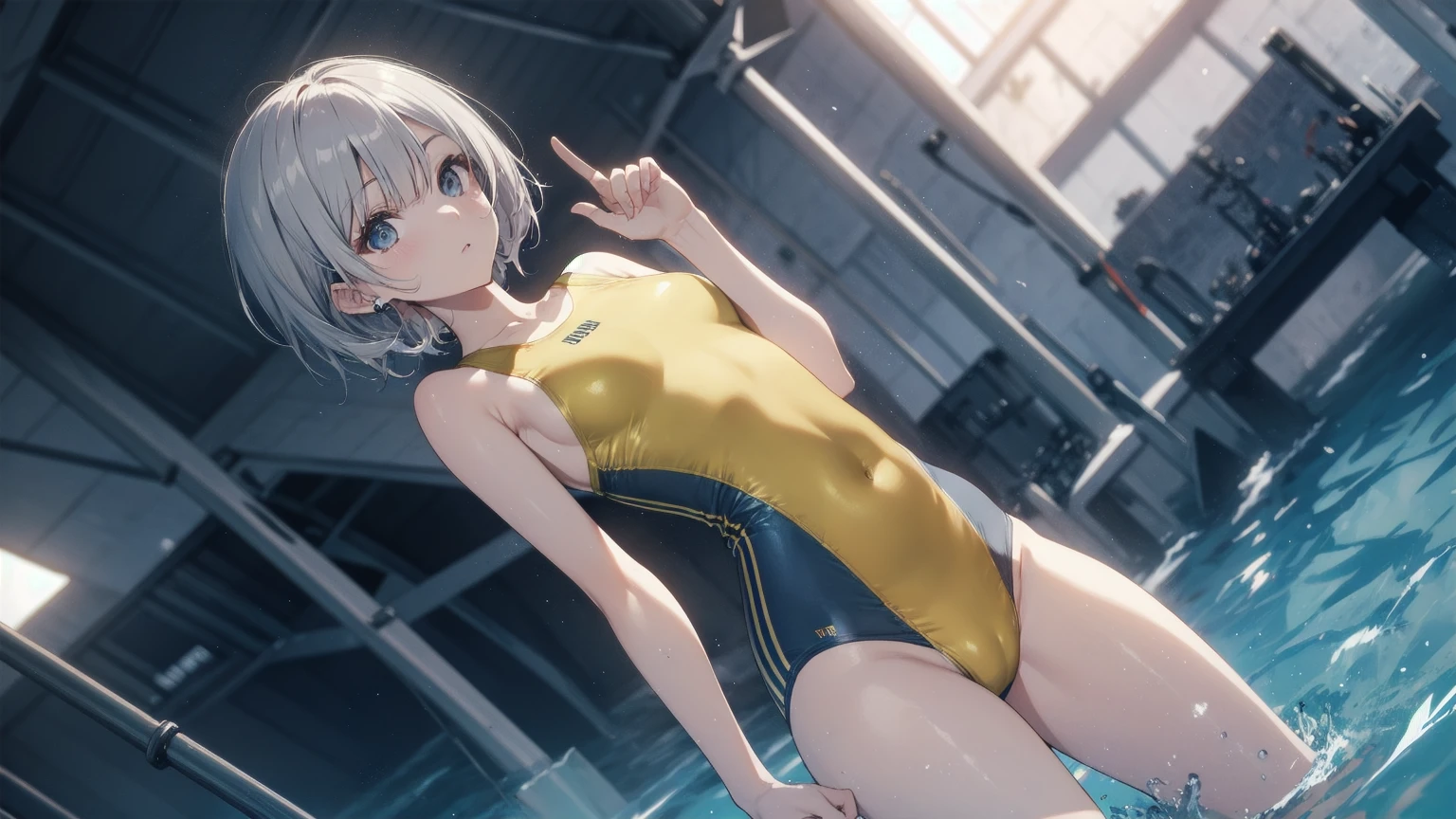 high quality、最high quality、Complete limbs、Ultra-high resolution、Full Finger、short hair、Gray Hair、Slender beauty、Wearing a yellow swimsuit