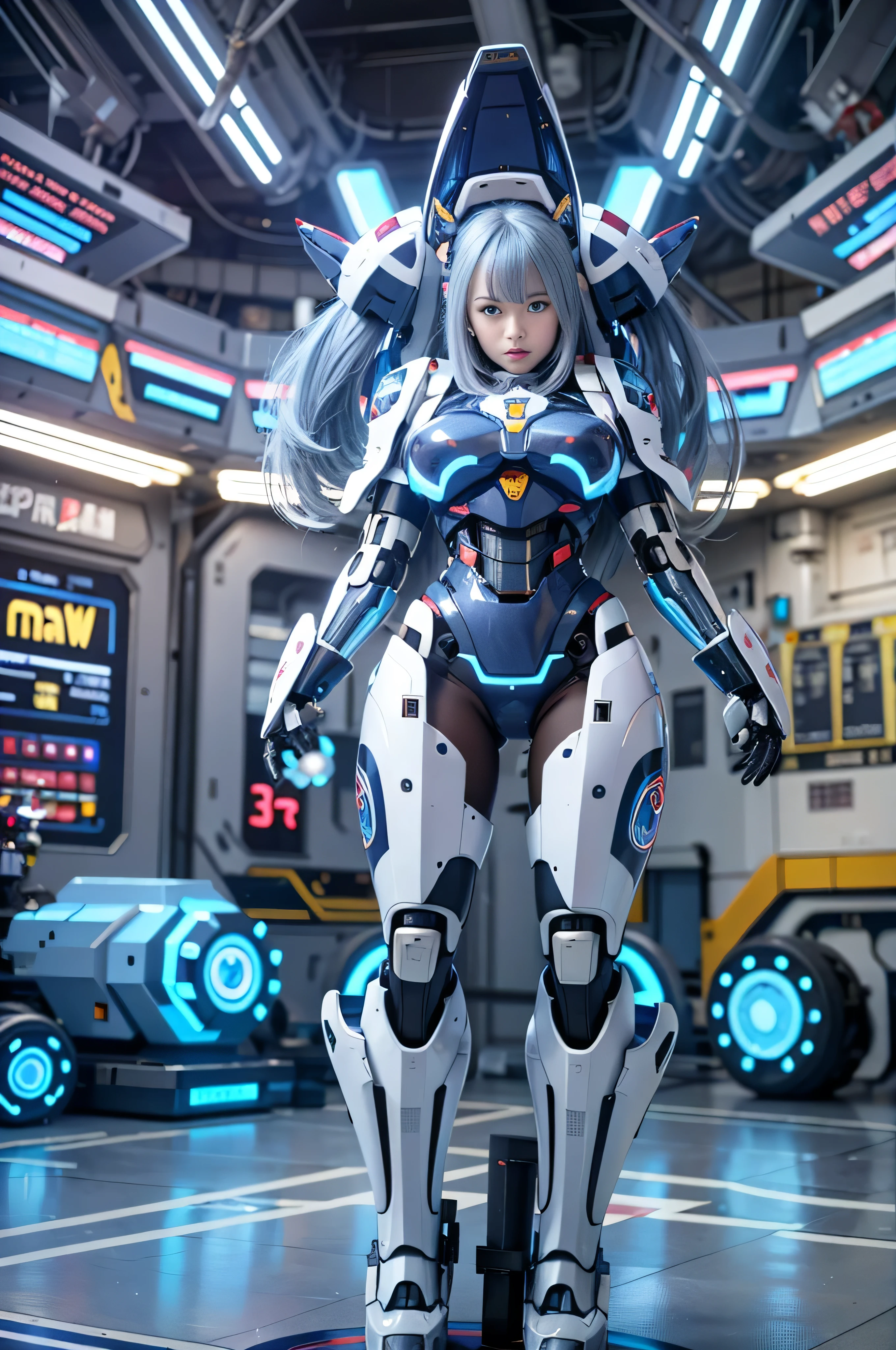 (Raw quality:1.4), Wide-angle shot, 1 female, Mecha, Sparkling Blue Eyes, Very cute face, (Realistic:1.37), バイオMechaニカル, Complex robot, Spaceship interior bokeh background, Ultra-realistic, Very detailed, Very intricate detail, Beautiful woman in sharp focus, Girl restrained by machine, Exposed belly, crucifixion, spread_arms,