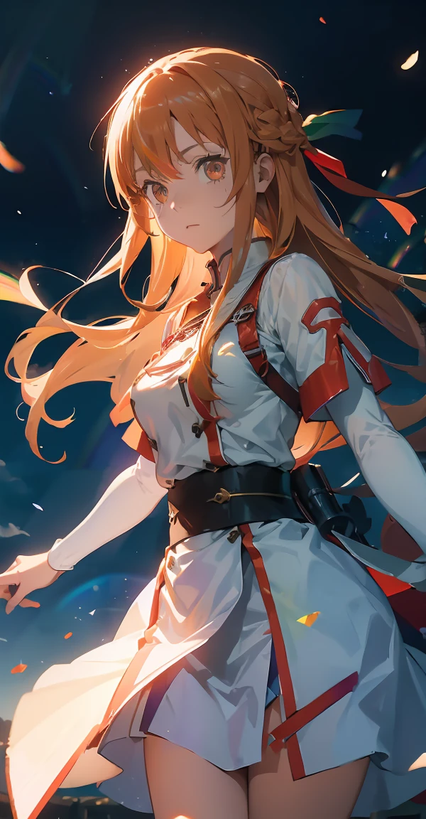 Asuna's Travel Notes, Orange Hair, With two shining swords, White combat uniform, Sword Art Online改编, Red strokes simulating the character's speed, Battle Mode, (Surreal), {Extremely detailed CG unit wallpaper 8k}, Wide-ranging landscape photos, (A central vision that prioritizes the entire role, (Broader horizons), (Low angle shot), (stand out: 1.5), (Low light: 1.0), (Warm light source: 1.0), Intricate details, (Rainbow Colors: 1.5), (Bright lighting), (Atmospheric lighting), Sword Art Online, dream, Japanese cartoons,Super big breasts