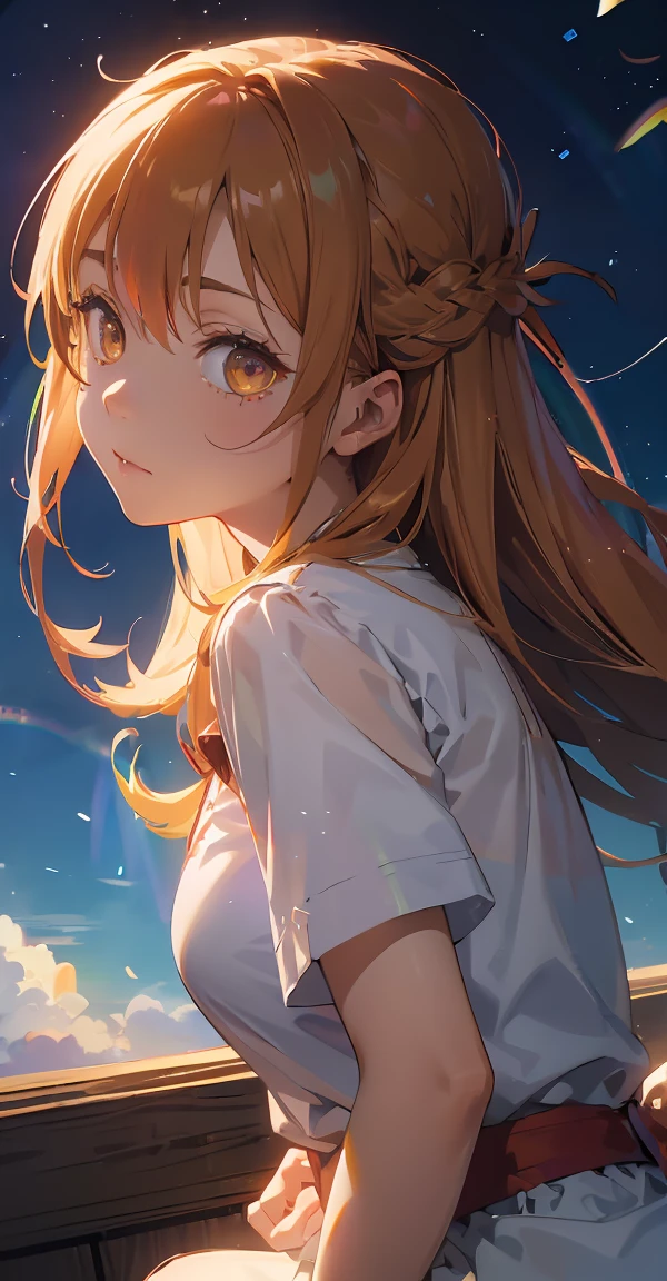Asuna&#39;s Travel Notes, Orange Hair， With two shining swords, White combat uniform, Sword Art Online改编, Red strokes simulating the character&#39;s speed, Battle Mode, (Surreal), {Extremely detailed CG unit wallpaper 8k}, Wide-ranging landscape photos, (A central vision that prioritizes the entire role, (Broader horizons), (Low angle shot), (stand out: 1.5), (Low light: 1.0), (Warm light source: 1.0), Intricate details, (Rainbow Colors: 1.5), (Bright lighting), (Atmospheric lighting), Sword Art Online, dream, Japanese cartoons，Super big breasts