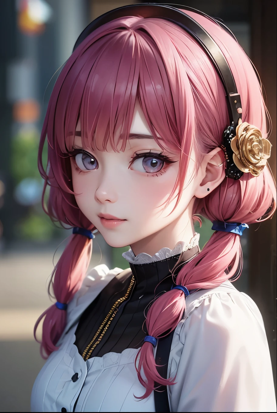masterpiece, best quality, highly detailed, high resolution, expensive resolution, high resolution, 4k, 8k, uniform 8k wallpaper, highly detailed CG, masterpiece, 2d, 3d, beautiful details, depth, fine texture, best quality: 1.3, perfectly focused, sharp. skin, him, very cute anime girl, her name is Mei, short pigtails, idol, in the rain, expensive pink short pigtails, mole under eye, looking at the viewer, expensive, blush, mole, open lips, pink eyes, heart shaped choker, smiling face