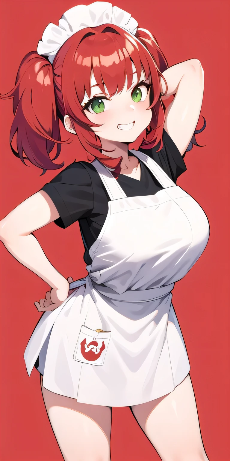 1girl, red twin tails, red hair, quirky, wearing chef uniform, simple background, dynamic pose, arms stretched backward, leaning forward, green eyes, bright expression, wide smile, big eyes, face front