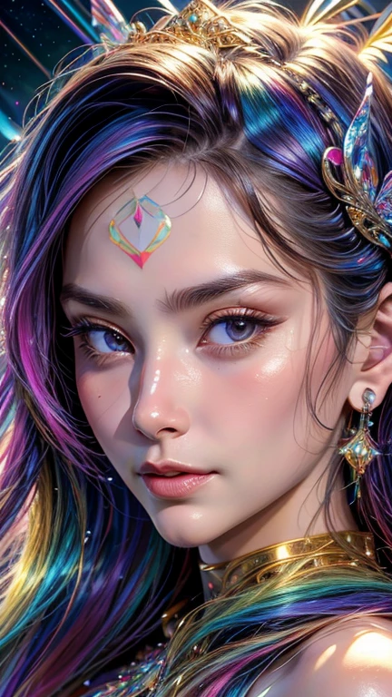 ((masterpiece, 最high quality, high quality, High resolution, Super detailed)), (Frontal face:2),hands together:1.5、upper body、Wearing a rainbow dress、All the love is on her side。Shining like crystal、（Iridescent angel wings：1.5）、Golden tiara、Breathtaking beauty、Milky Way、universe、Beautiful and shiny hair、A rainbow-colored aura surrounds her.、Goddess who sees into the future、Beloved woman、Rin々Looking at me intently