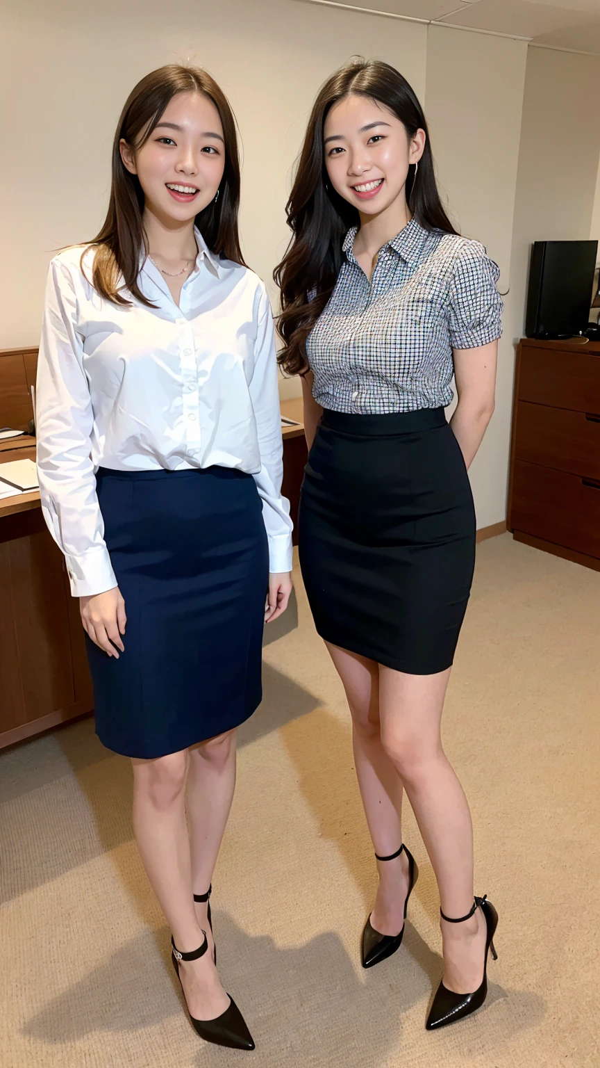 (Highest quality, masterpiece, Photo Real, Super detailed, Ultra-high resolution:1.3), (Two girls laughing at the camera), beautiful, Japanese, 20-year-old, (Pencil Skirt), (Looking at the camera and laughing with his mouth wide open), high waist, office, (Long legs, High heels, whole body:1.2)