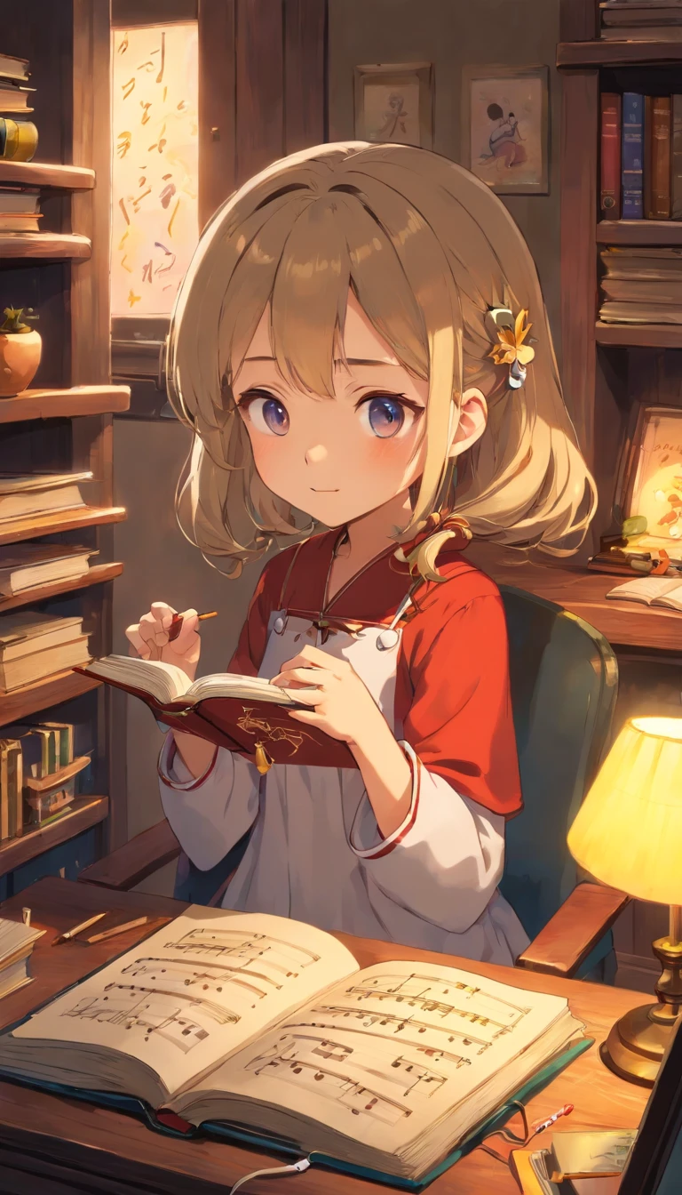 Inside a cozy room, immersed in studying, curtains are partially closed, Soft moonlight creates dancing shadows on the wall. A desk lamp casts a warm light on a desk piled with books., notebook and laptop. the person is sitting comfortably in a chair, Headphones that fit comfortably on your ears, connect her to the sonic world of her chosen music. while she was immersed in her studies、There is a faint smile on the lips, Get inspired by the notes that fill the air. fingers move in a coordinated manner, Laptop keyboard and note page switching, keep up with the rhythm of the music. The sound of music flows in smooth harmony., Create an immersive atmosphere. Each note seems to lift people's hearts., increase energy and concentration. She gently shook her head to the beat of the music., It's like being in your own world, I don't notice external worries. Music acts as a motivating force, Make study time more fun、make it exciting. The chords and lyrics blend into the calm atmosphere of the room.。, people absorb knowledge、Encouraging you to fall in love with the mystery of learning、creating a personal symphony. A scene depicting the unique fusion of solitary study and music, Transform the intimate environment of your bedroom into a learning space, and the music、Fuel your mind and spirit to achieve your academic goals。. HDR,8K,surreal,Beautiful soft light studio,vivid details,anatomical,elegant,sharp focus,studio photography,art station trends,very detailed,polarizing filter