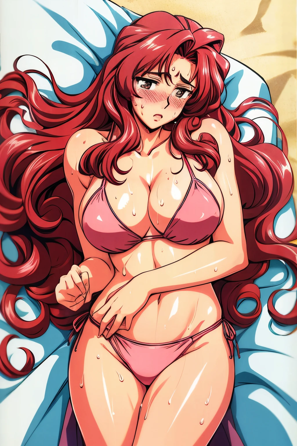 (best quality, masterpiece, highres:1.2),final romance,rukawa saya,large breasts,ruby hair,long hair,wavy hair,long hair,glasses,((bikini,beach,)),((lying,from above:1.5),mature female,lipstick,(blush,sweat:1.5)