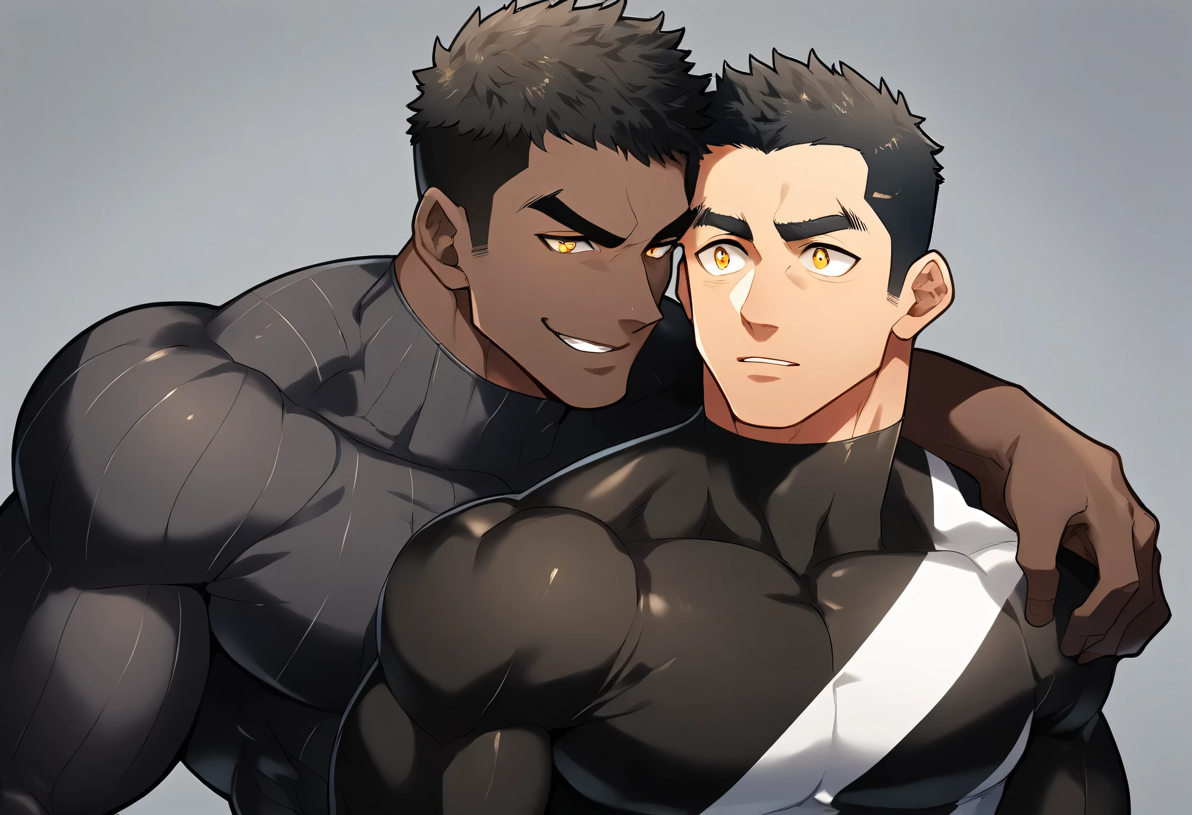 anime characters:Two superheroes in tights, Muscle superhero, negro black skin, They hugged and kissed each other, Caress, Manliness, male focus, Yellow and black striped high collar long sleeve tight T-shirt, Slightly transparent material, Very tight, Round, full and perky chest muscles, Male dog waist, Slightly transparent, muscular male, muscular, only, Upper body, alone, Black short hair, Thick eyebrows, stubble, Yellow eyes, Grey background, simple background, amazing quality, best aesthetics, Ridiculous, bright pupils, crew cut, parted lips, seductive smile, torogao, naughty face, drop shadow, best quality