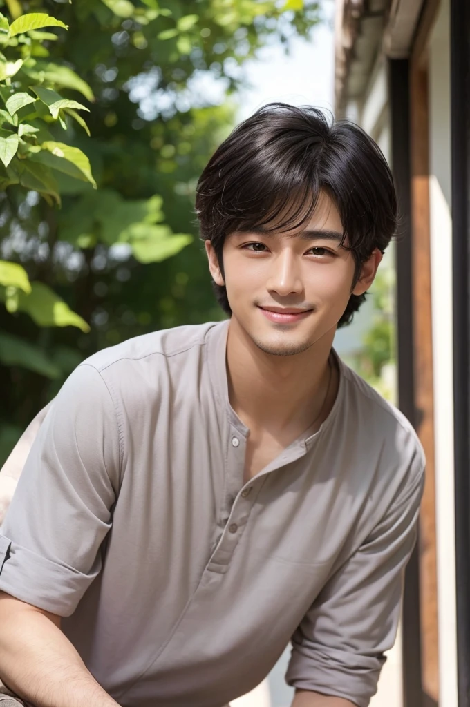 Realistic black-haired adult male, Short black hair with loose perm, Realistic Japanese handsome face, Realistic and cool expression,A friendly smile,Realistic and gentle eyes, Realistic Light, Realistic Shadows, Realistic Background,Summer season