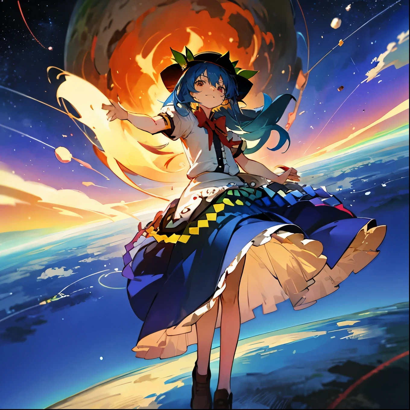 Hinanawi Tenshi is facing himself, breaking the surrounding earth and space into pieces and floating