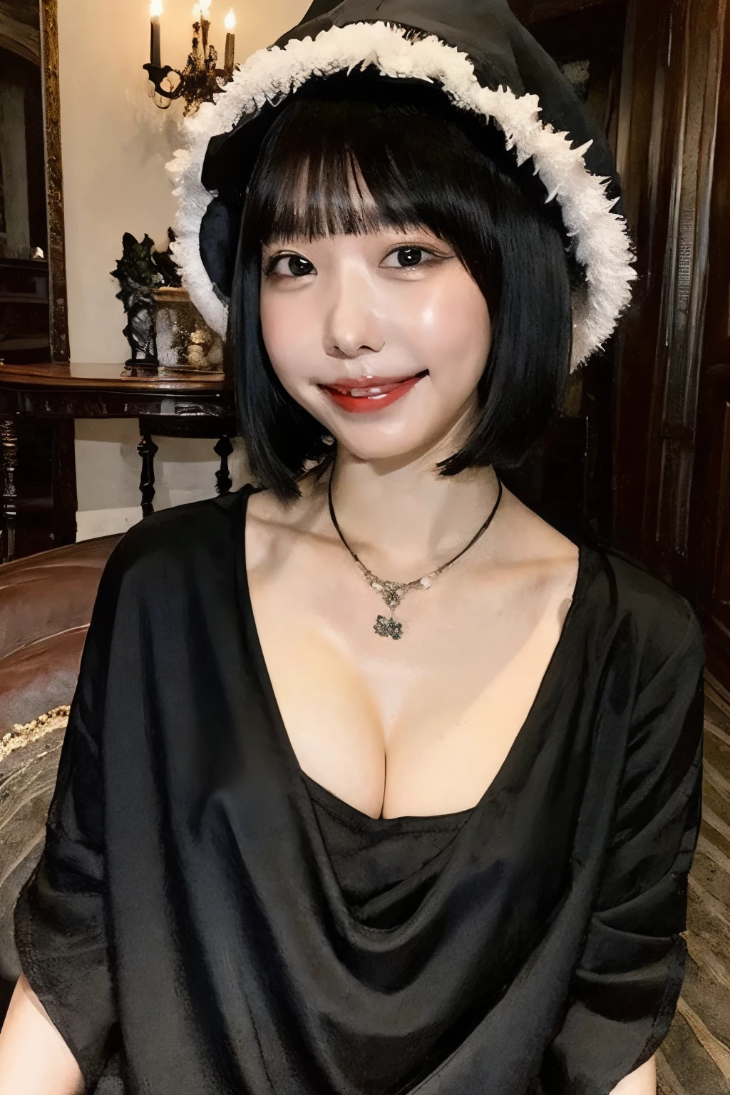 Black Hair、short hair、With bangs、smile、Witch Hat、Beautiful breasts、sexy witch costume、In a creepy mansion